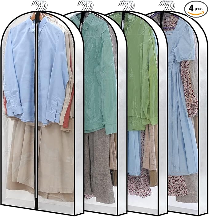 50" Clear Garment Bags for Hanging Clothes W/ 4" Gussetes, 4 Packs Suit Bags for Closet Storage, Plastic Waterproof Suit Cover Bags with Zipper for Coats, Jackets, Dresses