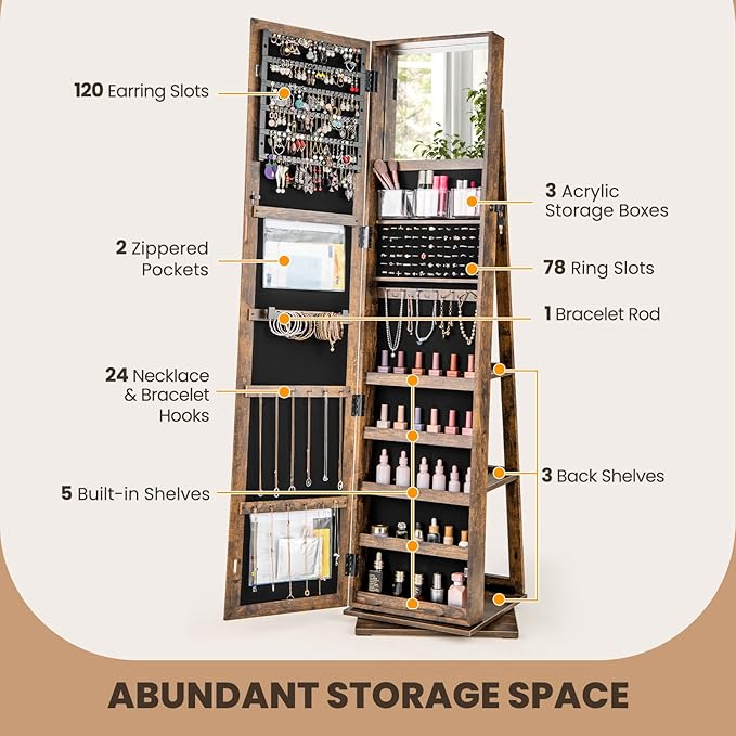 CHARMAID 3-in-1 Jewelry Armoire with Full Length Mirror, 360° Swivel Lockable Jewelry Cabinet with Shelves, Freestanding Mirror Organizer for Earrings, Necklaces, Rings, Makeup (Vintage Brown)