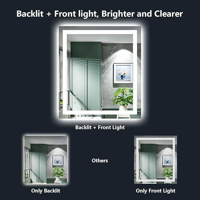 30x30 Inch LED Bathroom Mirror with Lights Front and Backlit Lighted Vanity Mirror for Bathroom Wall with 3 Colors Dimmable Anti-Fog Memory Shatter-Proof IP54 Waterproof Horizontal/Vertical
