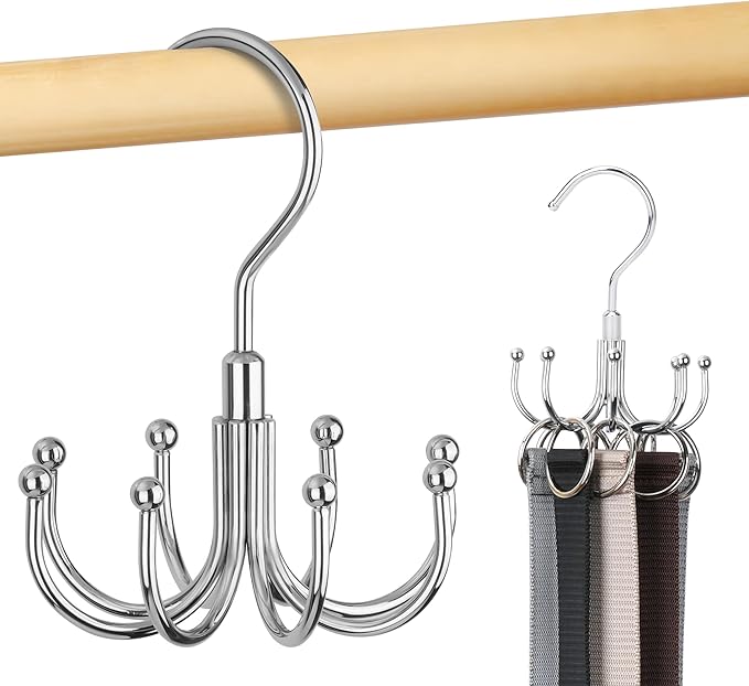 Belt Hanger, Rotatable Belt Organizer for Closet, Accessories Rack, Space Saving Hanging Holder Storage Hook for Belt, Tie, Scarf, Purse, Bra, Tank Top, Silver