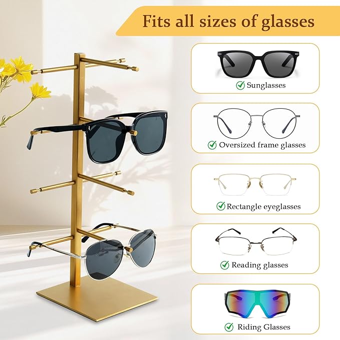 4-Tier Sunglasses Organizer, Sunglass Display Stand, Titanium Brushed Eyeglass Holder Stand, Gold Sunglasses Rack for Homes, Offices, Boutique Shops（PATENT PENDING
