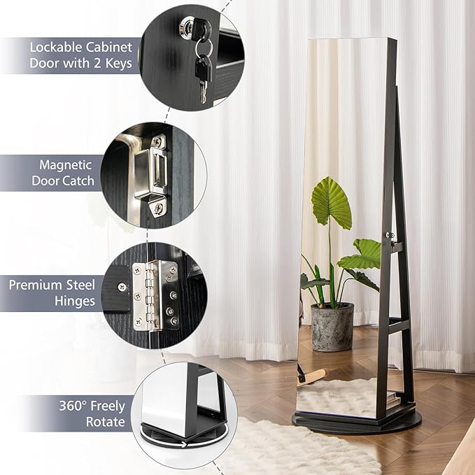 CHARMAID 360° Swivel Jewelry Armoire with Full Length Mirror, Rear Storage Shelves, Lockable Standing Jewelry Cabinet Organizer with Interior Vanity Mirror and 3-Color Lights (Black)