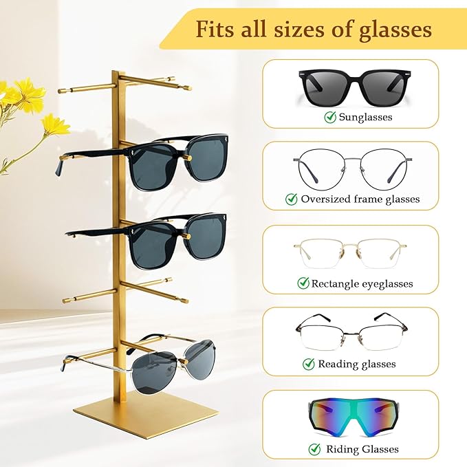 5-Tier Sunglass Display Stand, Sunglasses Organizer, Titanium Brushed Eyeglass Holder Stand, Gold Sunglasses Rack for Homes, Offices, Boutique Shops（PATENT PENDING