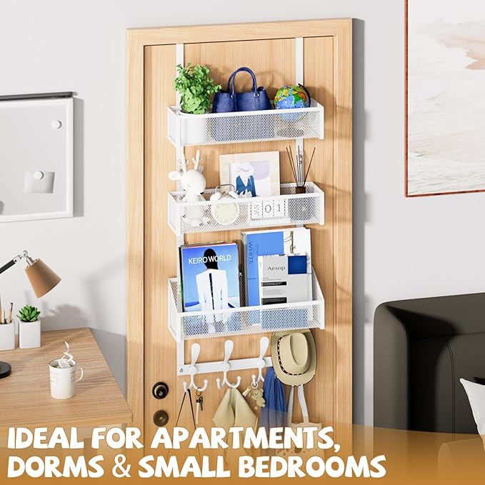 Over The Door Hooks Organizer, Coat Rack Over The Door Storage Hanger Towel Rack, Back of Door Storage Organizer for Bathroom,Bedroom,Kitchen,Office (White, 4-Tier)