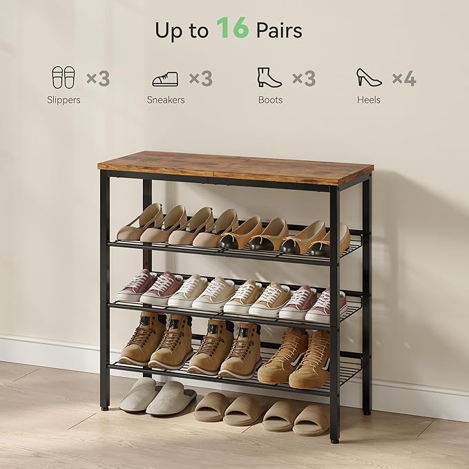 Shoe Rack for Closet,4 Tier Shoe Organizer for Entryway,Shoe Shelf with Storage Shelves and Spacious Top,Max Holds 16 of Shoes,Rustic Brown