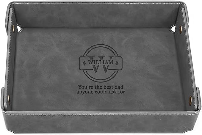Engraved Father’s Day Leather Valet Tray – Personalized Leather Catch All with Custom Name – Men’s Valet Tray Organizer for Keys, Watches, and Jewelry – Unique Dad Gift from Daughter or Son - Grey