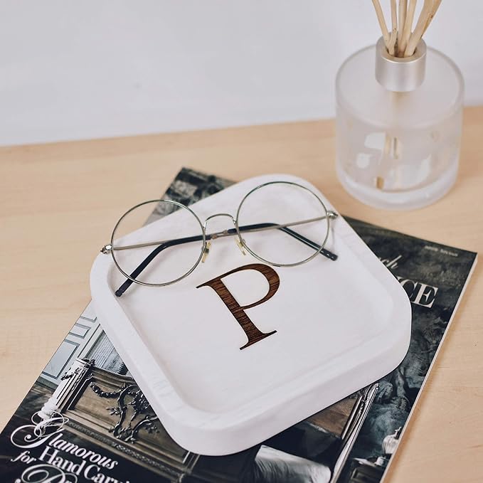 I'm Wooden Personalized Letter Catchall Valet Tray Trinket Dish Jewelry Tray Key Bowl Decorative Plate Organizing Ring Earrings Necklaces Bracelet Watch Coins Wallet Holder (6"x6" Sq White P)