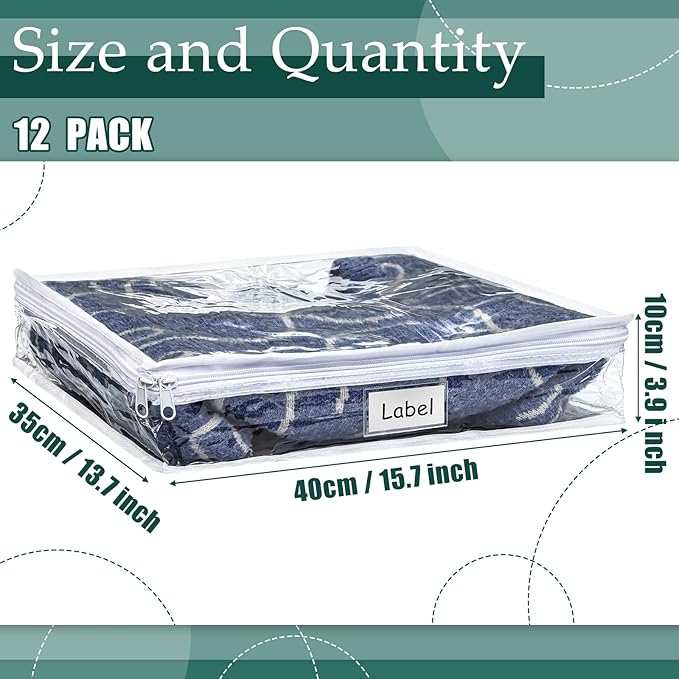 Hoolerry 12 Pcs Clear Zippered Storage Bags Pvc Sweater Sheet Organizer Plastic Sheet Storage Sweater Bags With Zipper And Label Pocket Container For Clothes Closet Linen Pillow(16 x 14 x 4 Inch)