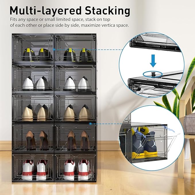 10 Pack Extra XX Large Hard Plastic Clear Stackable Shoe Storage Box Organizer for Closet, Thicken Sturdy Sneaker Shoe Rack Display Case Containers Bins with Lids and Magnetic Door, Grey