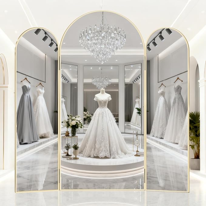 3-Way Full Length Trifold Mirror, 78"x76" Oversized Large Standing Mirror with Aluminum Alloy Thin Frame, for Wedding Dress/Clothing Shop/Closet, Gold
