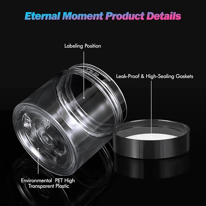 Eternal Moment 36 Pack 2 OZ Plastic Jars Round Clear Cosmetic Container Jars with Lids, Perfect for Lotion, Cream, Ointments, Makeup, Eye Shadow, Rhinestone, Samples, Pot, Travel Storage