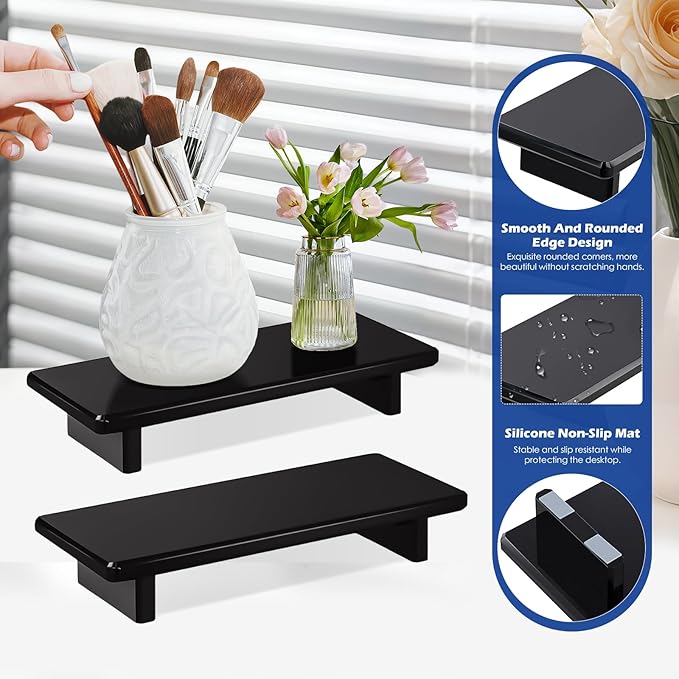 Acrylic Black Vanity Tray 2-Pack – Multi-Purpose Kitchen & Bathroom Counter Organizer, Waterproof Soap/Sponge/Brush Holder, Plant & Candle Display Riser, Compact Tray 8.6"×3.6"×1.5"
