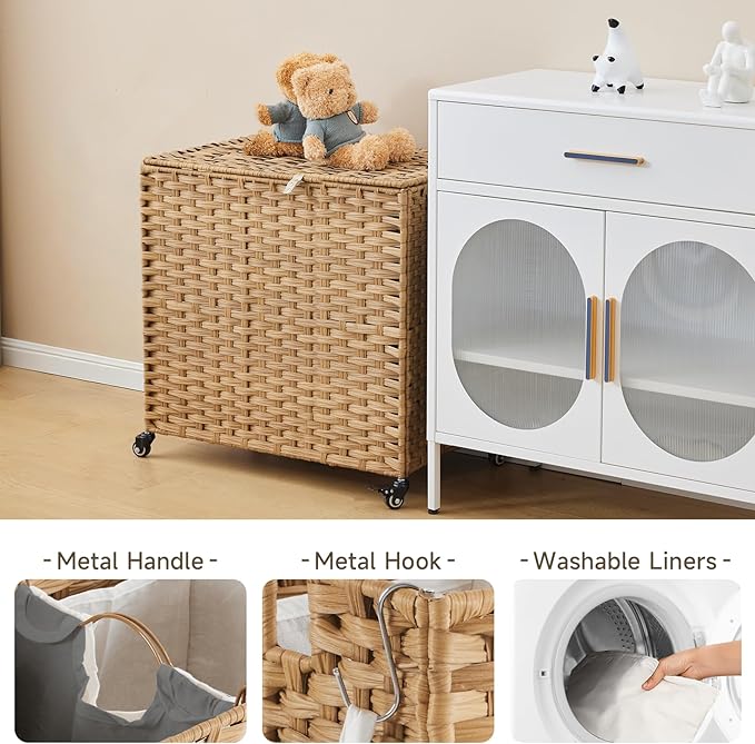 Laundry Hamper with Wheels, 39.6 Gallon(150L) Rolling Laundry Basket with Lid, Removable Large 2 Color Liners & 3 Mesh Laundry Bags, Clothes Hamper with Side Pocket, Natural