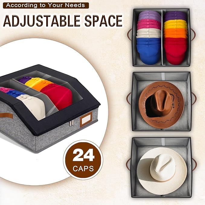 2-in-1 Hat Organizer for Baseball Caps Holds 48-60 Caps Hat Storage with Adjustable Divider Stackable Hats Holder for Closet with Clear lid Cowboy Hat Box for Men Women 2 PCS Black and Grey