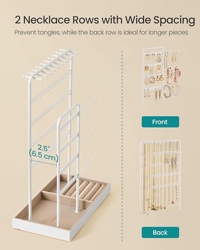 SONGMICS Jewelry Holder, Jewelry Organizer, Jewelry Display Stand with Metal Frame, Velvet Tray, Necklace Earring Bracelet Holder, for Studs, Rings, Gift Idea, Matte White UJJS028W01