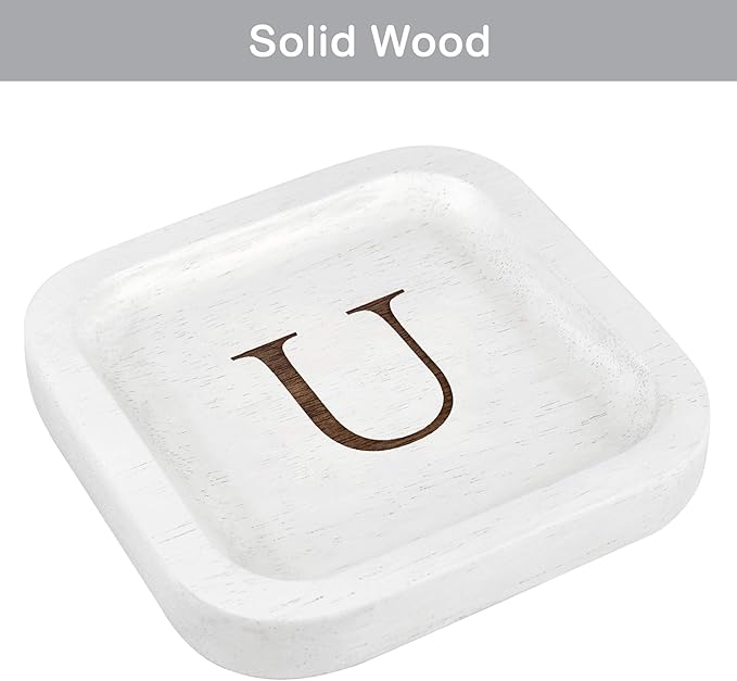 I'm Wooden Personalized Letter Catchall Valet Tray Trinket Dish Jewelry Tray Key Bowl Decorative Plate Organizing Ring Earrings Necklaces Bracelet Watch Coins Wallet Holder (6"x6" Sq White U)