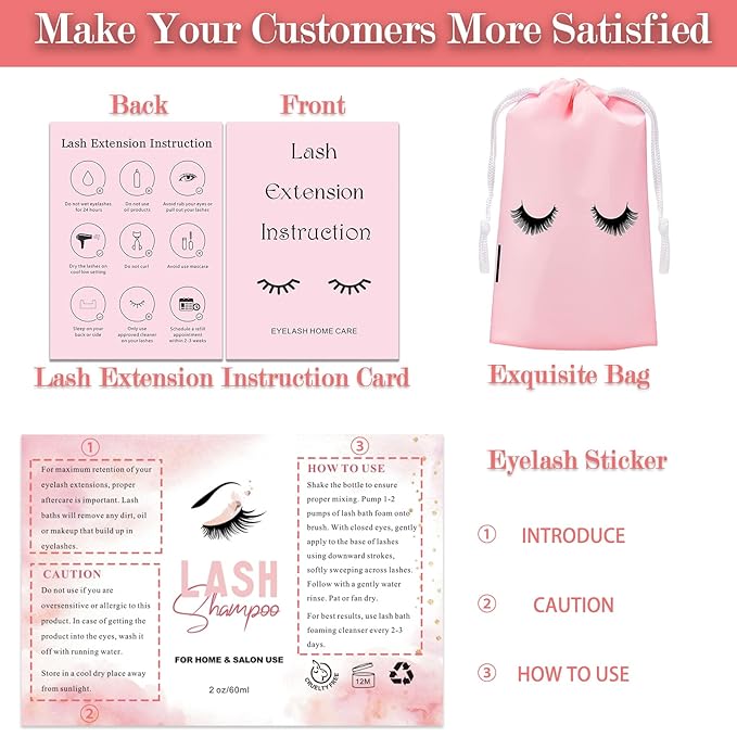60PCS Lash Shampoo Bottles and Brushes Set, 10pcs Foam Pump Dispenser, Lash Cleaning Brush, Eyelash Extension Tube Brush, Instructions Cards, Bags, Lash Shampoo Stickers for Business Clients (B-pink)