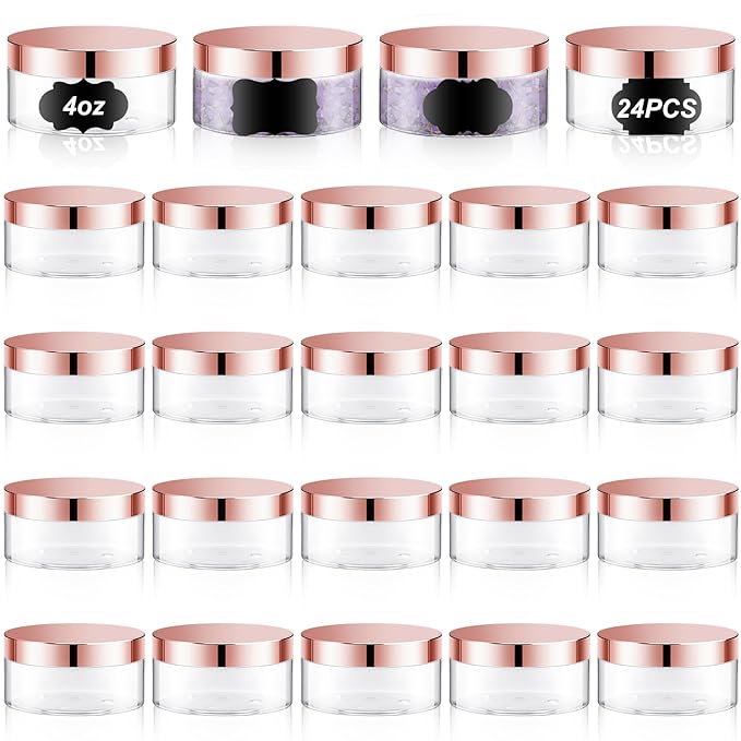 Dandat 24 Pcs 4 oz Plastic Jar Container with Lid and Label Refillable Empty Round Clear with Rose Gold Pet Cosmetic Sample Slime Containers for Lotion, Cream, Ointments, Body Butter, Travel Storage
