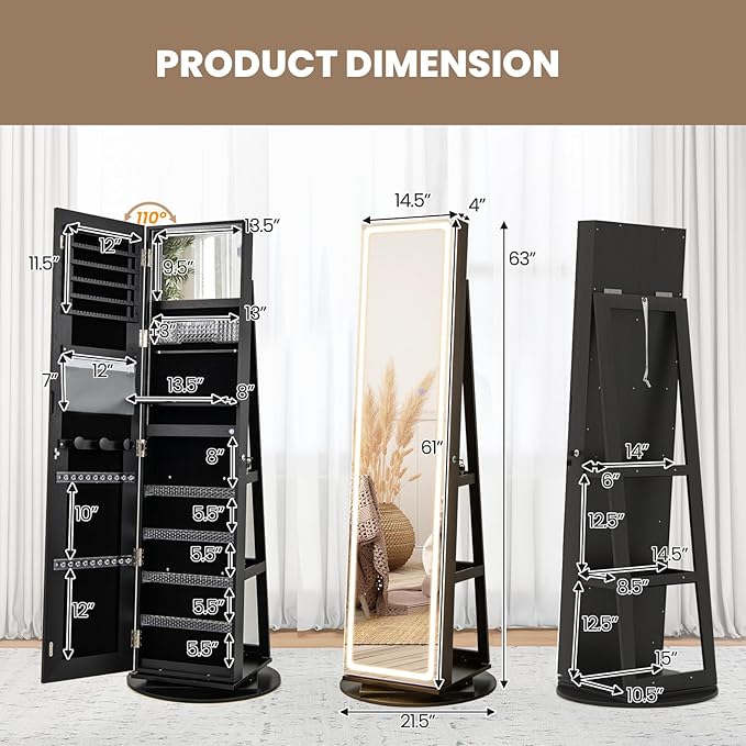 CHARMAID Swivel LED Mirror Jewelry Cabinet Armoire, Full Length Mirror with Storage, 3 Color & Adjustable Lights, Lockable Standing Jewelry Organizer with Lighted Mirror (Black)