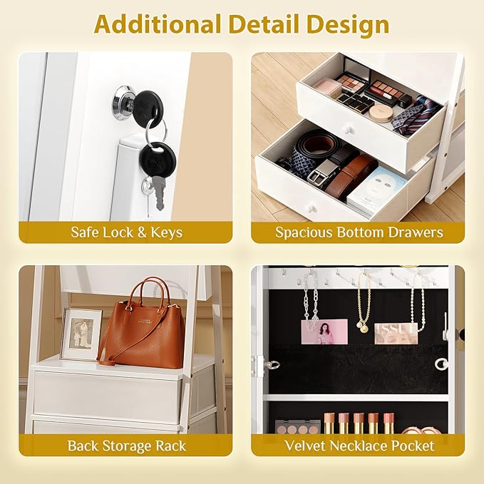 Bonnlo LED Jewelry Cabinet Armoire, Lockable Standing Mirror with Jewelry Storage, Full Length Mirror with 2 Drawers, Large Capacity Jewelry Organizer for Women, Gift Idea, Christmas Gifts,White