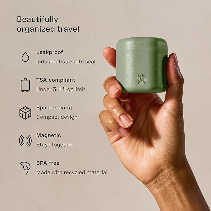 Cadence Travel Containers - Daily Routine Capsule Set - Magnetic Containers with Lids,4 Flex Mediums (1.32oz) & 3 Flex Smalls (0.56oz) - Shampoo, Conditioner, Body Wash, Pills, & More - Eucalyptus