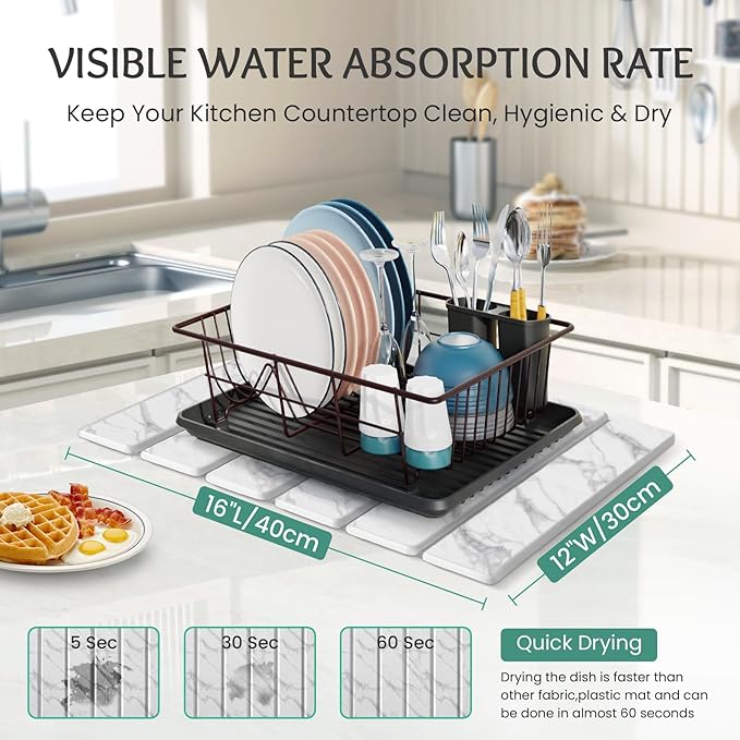 Stone Dish Drying Mat Collapsible Diatomaceous Earth Absorbent Mat Quick Dish Drying Pad Dish Rack Pad Match Any Counter to Multiple Usage for Kitchen,Bathroom