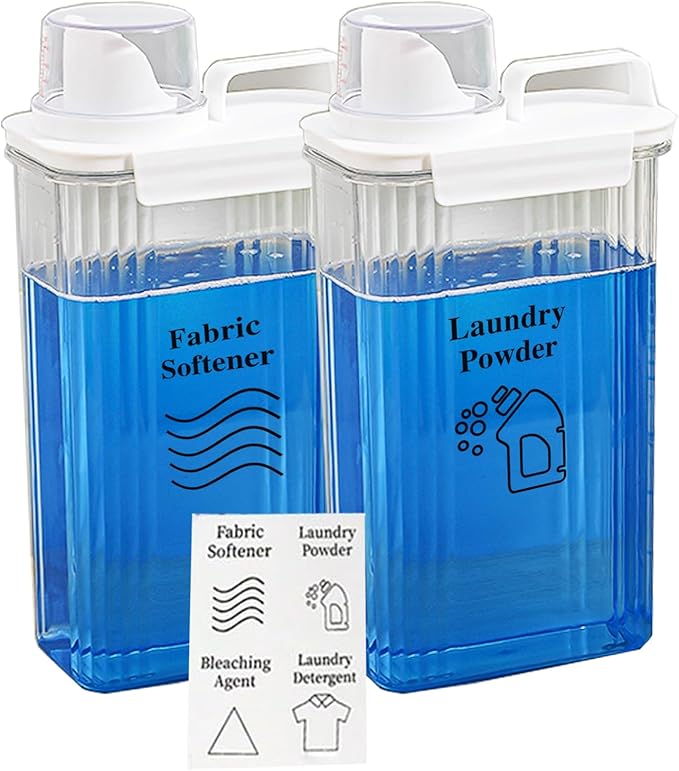 [2 Pack] Laundry Detergent Dispenser for Laundry Room Organization and Storage, 2800ml Laundry Soap Dispenser，Liquid Laundry Detergent Dispenser with 4 Removable Labels, BPA Free & Pet Plastic, Clear
