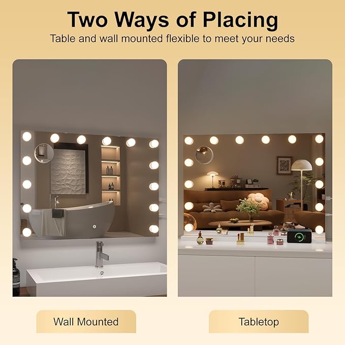 Hasipu Hollywood Vanity Mirror with Lights, 32" x 22" Makeup Mirror with 15 Dimmable LED Bulbs 3 Color Modes & Detachable, 5X Magnifying Glass, Touch Control, USB and Type-C, Tempered Glass