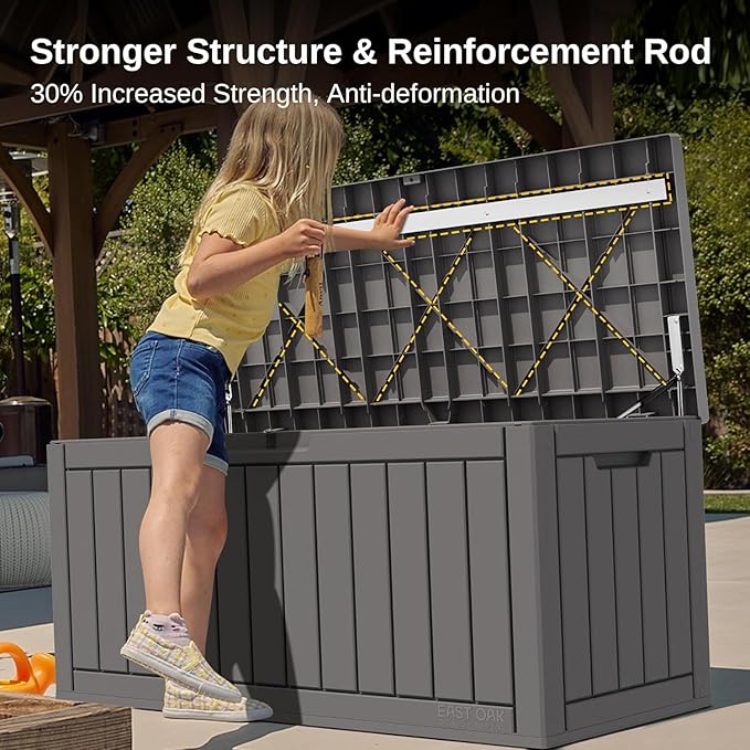 EAST OAK Outdoor Storage Box, 90 Gallon Deck Box, Water-Resistant Resin Storage Bin for Patio Cushions, Gardening Tools, UV Resistant, Lockable, Grey