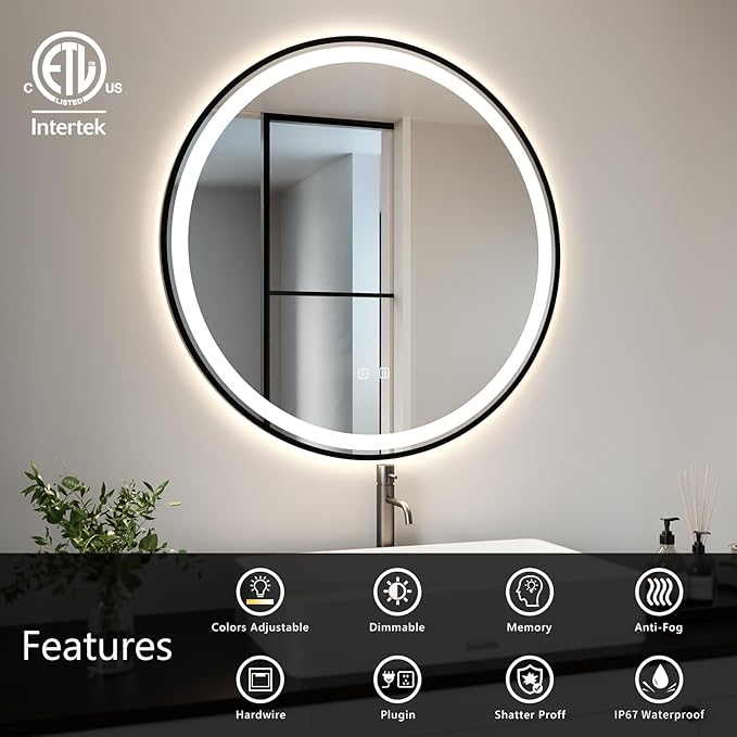 APRILSOUL 36 Inch Round Aluminum Framed LED Bathroom Mirror with Lights, Makeup Mirror with Front and Backlit, Anti-Fog, 3 Colors and Dimmable Light