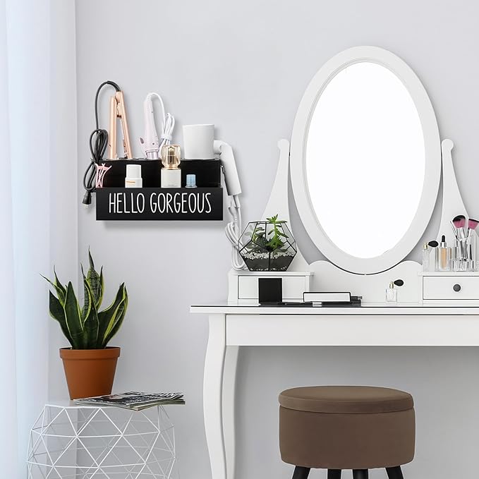 Bivvclaz Hair Tool Organizer, Wooden Hair Dryer Holder Countertop, Wall Mount Hot Tools Organizer for Hair Styling Accessories, Bathroom Supplies Vanity Caddy for Curling Wand, Blow Dryer, Black