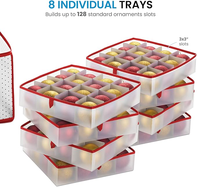 ZOBER Christmas Ornament Storage Box - Stores 128 Ornaments W/ 2 Sided Zipper - Flexible Plastic Christmas Ornament Storage Containers - 3 Inch Cube Compartments - Red