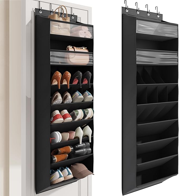 8 Tier Clear Over the Door Shoe Organizer with Deep Pockets, Door Shoes Rack with hard Cardboard and Tubes to Keep the Shape, Hanging Shoe Rack for Closet Organizers, Shoe Holder Black