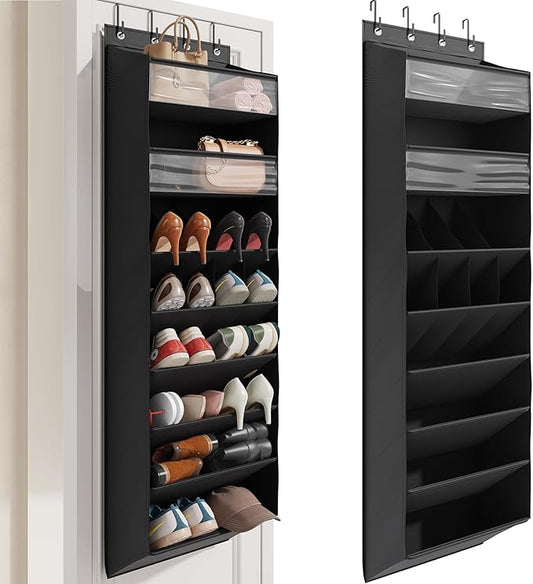 8 Tier Clear Over the Door Shoe Organizer with Deep Pockets, Door Shoes Rack with hard Cardboard and Tubes to Keep the Shape, Hanging Shoe Rack for Closet Organizers, Shoe Holder Black