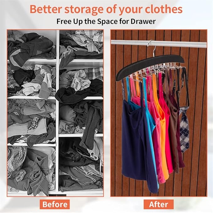 3 Pack Tank Top & Bra Hanger, Tie & Belt Hanger with Natural Wood, 24 Space Saving, 360 Rotating, Foldable Metal Hooks, Closet Organizer and Storage Rack for Tank Tops/Bras/Ties/Belt (Black)