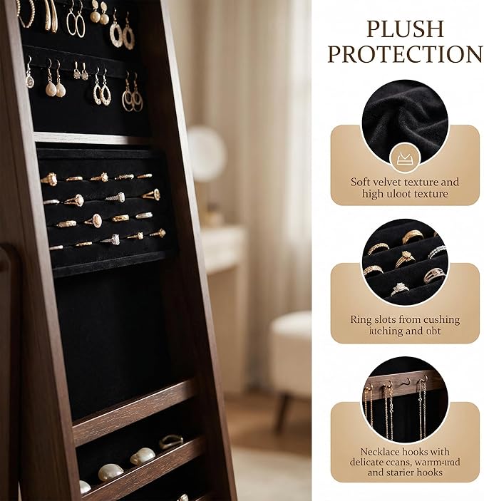Large Jewelry Armoire with Full-Length Mirror - 47.3" Lockable Storage Cabinet, Velvet Lining, 5 Shelves, 3 Adjustable Angles & Accessory Pouch (Brown)