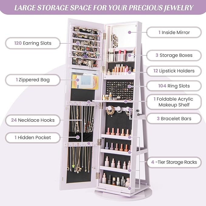 GOFLAME 360° Rotating Jewelry Cabinet with Full-Length Mirror, Freestanding Jewelry Armoire with 3-Color LED Light and Back Storage Shelf, Lockable Jewelry Organizer for Bedroom Cloakroom, Lavender
