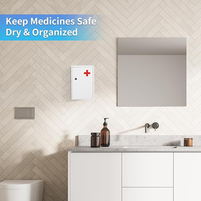 Wall Mount Locking Medicine Cabinet Organizer, Medicine Lock Box with Key, First Aid Box Empty Wall Cabinet, Secure Steel Medication Box