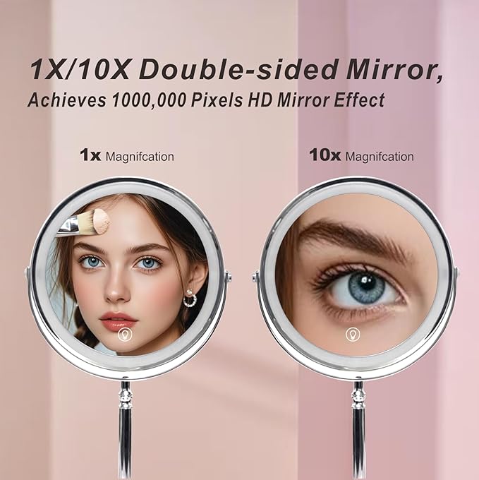 Makeup Mirror with Lights ，8 Inch 1X/10X Rechargeable Double Sided Magnifying, 360° Rotation LED HD Mirror with 3 Colors，Brightness Adjustable, Gifts for Wowen & Men