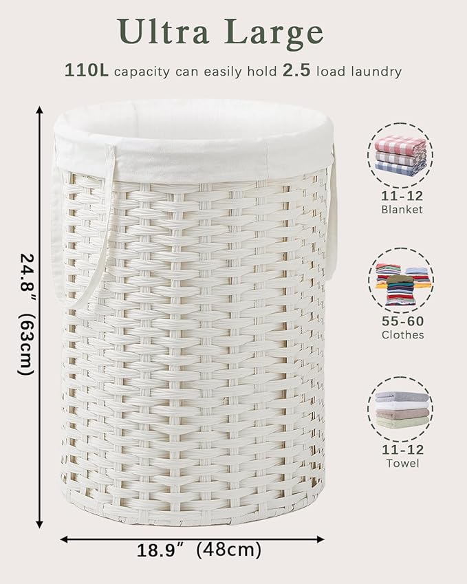 Laundry Basket Round Rattan Laundry Hamper 29.1 Gal(110 L) Handwoven Large Wicker Basket with Handles, Wicker Hamper with Removable Bags and 2 Mesh Bags for Bathroom Living Room White(No Lid)