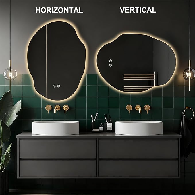 Asymmetrical Bathroom Mirror with Lights,Irregular LED Bathroom Vanity Mirror with Backlit,Anti-Fog,3 Colors and Dimmable Light with Memory,Hardwired Supported[Horizontal/Vertical] 30" H x 22" W