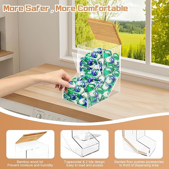 JYPS Laundry Box, Acrylic Dishwasher Pod Holder with 2 Lids, Powder Dispenser, Drying Ball, Beads, Soap Storage Case for Room Table/Wall Mounted, Snack Candy Storage (2pcs-normal)