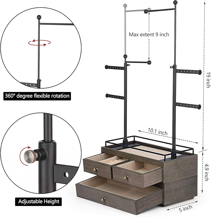 OLAKEE Jewelry Organizer - 2 Layer Wooden Jewelry Drawer Storage Box with 6 Tier Jewelry Tree Stand, Jewelry Display for Necklaces Bracelet Earring Ring Weathered Grey