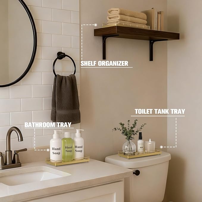 Bathroom Vanity Tray – 12" x 6" Oak Decorative Wooden Tray for Toilet Tank Organizer, Wood Tray for Bathroom Countertop, Soap, Perfume, Storage Vanity Dresser Decor for Bathroom Essentials Gold