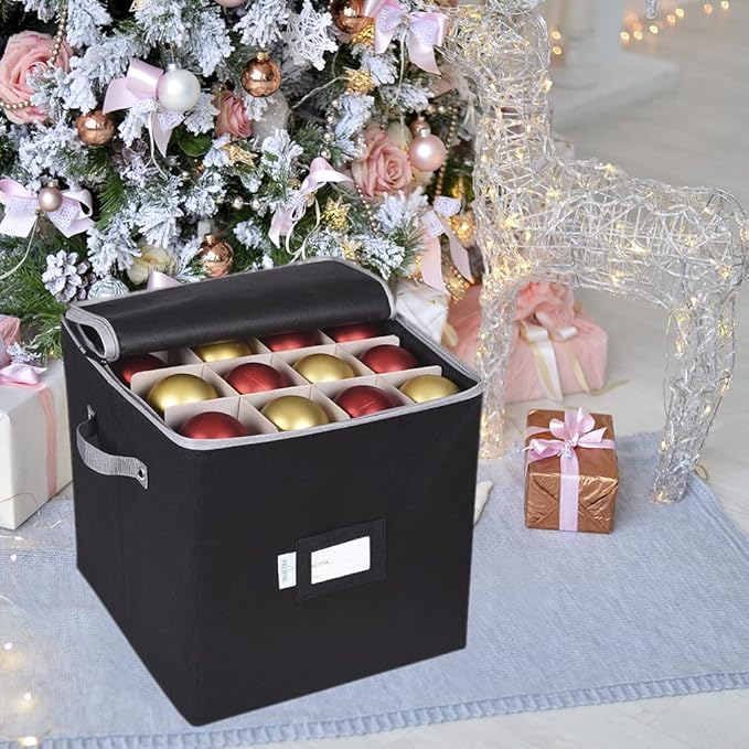 ProPik Christmas Ornament Storage Box, 4 Tier Holds Up to 64 Holiday Ornaments Decoration Balls, Storage Container with Dividers for 3” Bulbs, Made with Durable Oxford Polyester Material (Black)