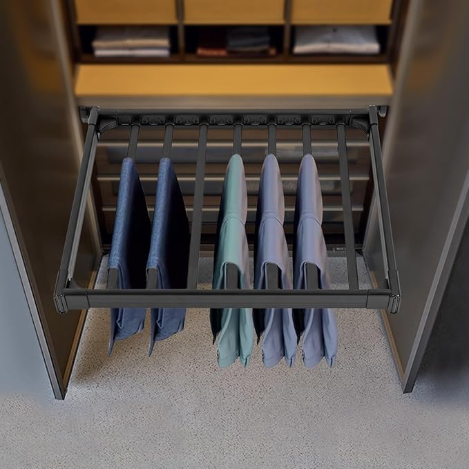 11 Arms Slide Out Pants Rack Closet Pants Hanger Bar Pull Out Trousers Rack Tie Belts Scarf Racks, Top Mounted Wardrobe Clothes Organizers Rail Pull Out Closet Storage Rod-Black