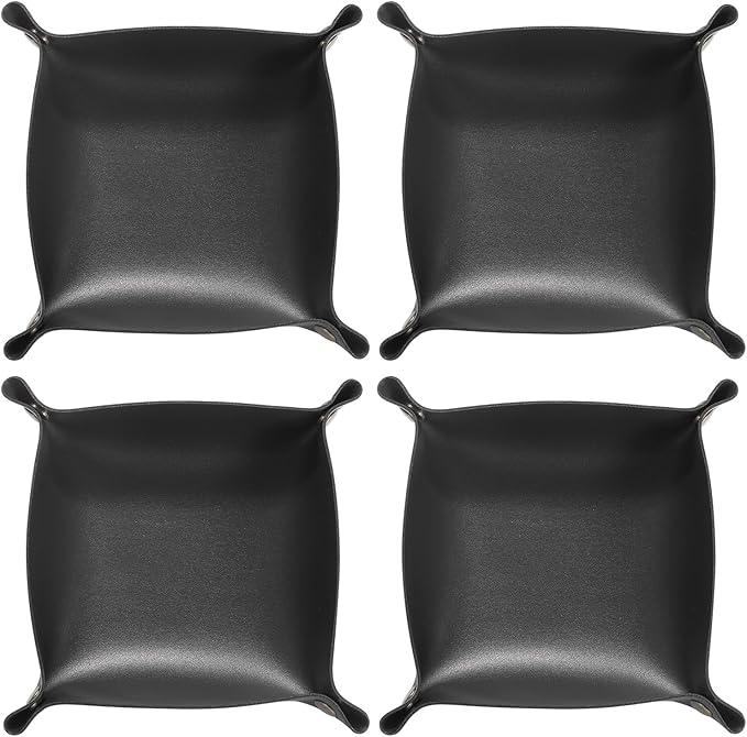HARFINGTON 4pcs PU Leather Valet Tray Unisex Folding Small Catchall Tray Portable Entryway Table Tray Nightstand Bedside Desk Tray for Key Wallet Watch Coin Jewelry Dice, Black
