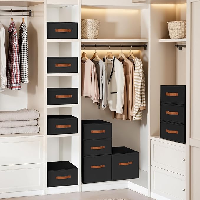 DIMJ Closet Organizers and Storage - Fabric Storage Bins with Drawers Stackable Closet Bins with Labels for Clothes, Sweaters, Bedding, Collapsible Storage Cubes for Bedroom, Living Room, Shelf
