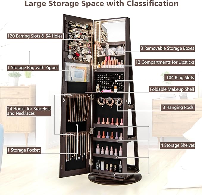 CHARMAID 360° Swivel Jewelry Armoire with Full Length Mirror, Rear Storage Shelves, Lockable Standing Jewelry Cabinet Organizer with Interior Vanity Mirror and 3-Color Lights (Espresso)