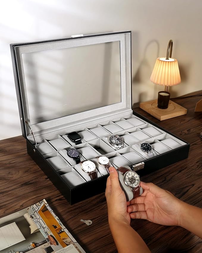 Uten Watch Box, 24 Slots Leather Watch Case, Watch Box Organizer Jewelry Storage with Large Glass Lid, Watch Display Case, Watch Box for Men & Women Gift